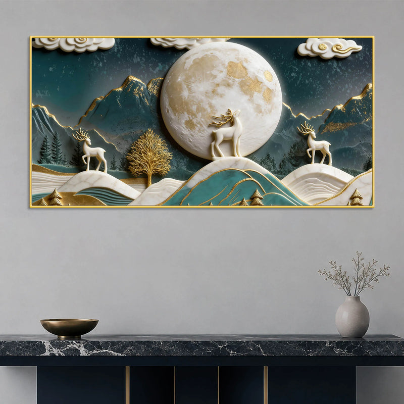 Golden Moonlit Deer & Mountain Landscape 3D Canvas Wall Painting
