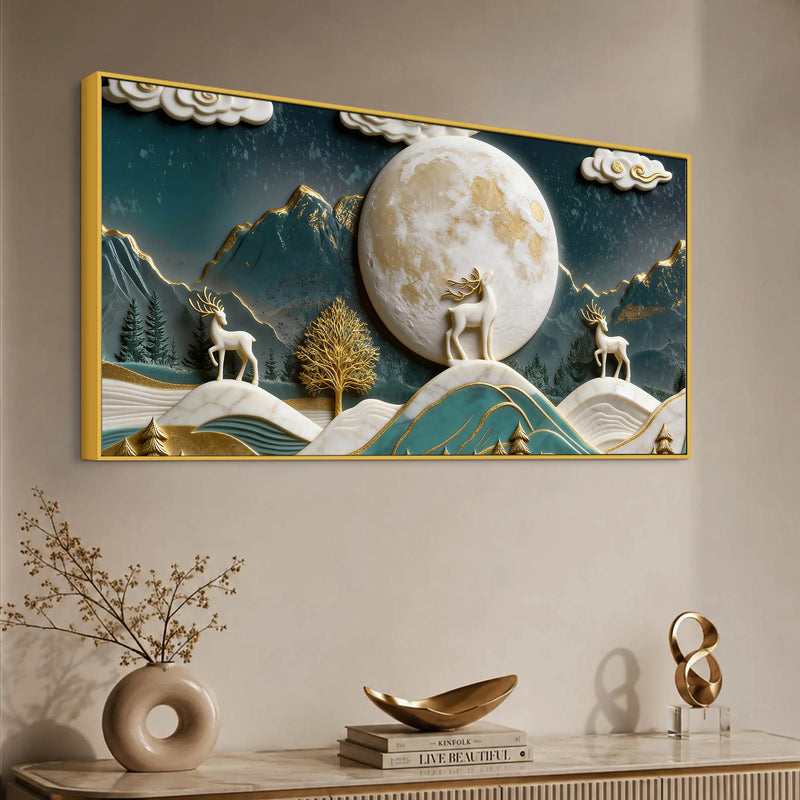 Golden Moonlit Deer & Mountain Landscape 3D Canvas Wall Painting