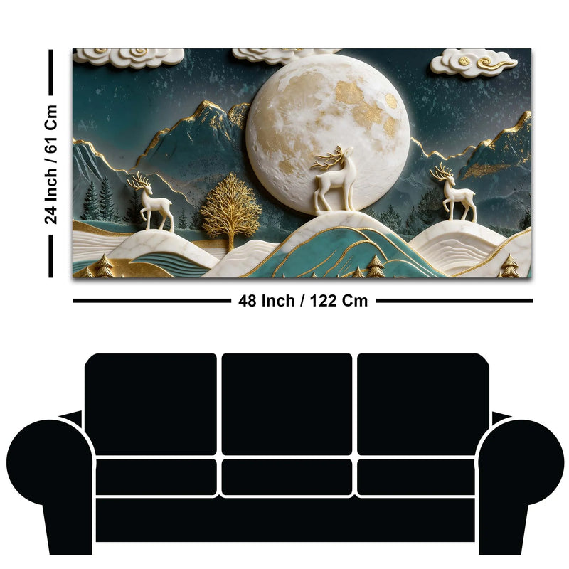 Golden Moonlit Deer & Mountain Landscape 3D Canvas Wall Painting