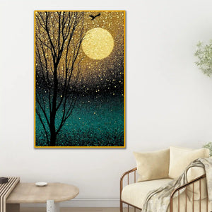Golden Moonlit Serenity Floating Frame Crystal Wall Painting