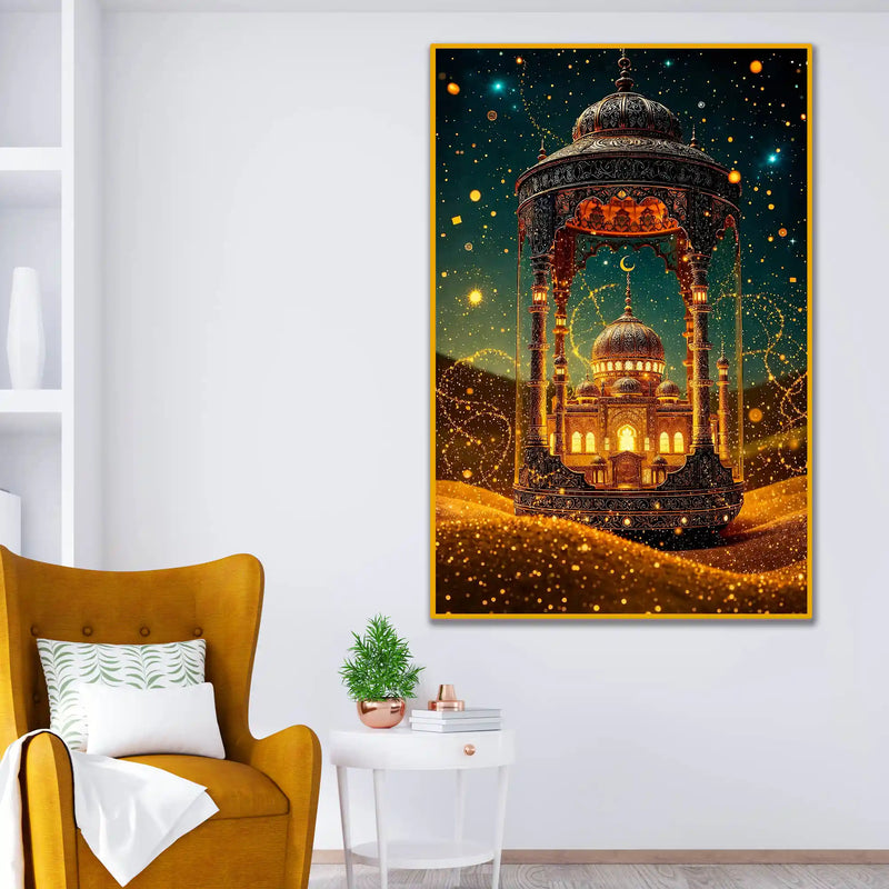 Golden Mosque Dome Floating Frame Crystal Wall Painting