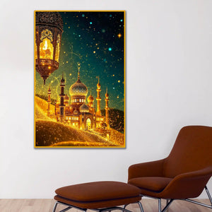Golden Mosque & Lantern Night Scene Floating Frame Crystal Wall Painting
