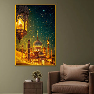 Golden Mosque Night Wall Art Floating Frame Crystal Wall Painting