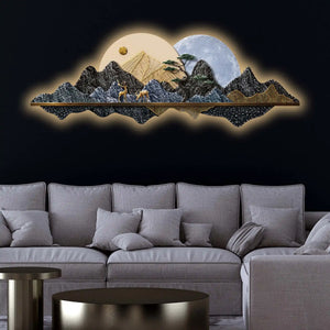 Golden Mountain Moon Reflection Premium Crystal Glass Backlit LED Wall Art