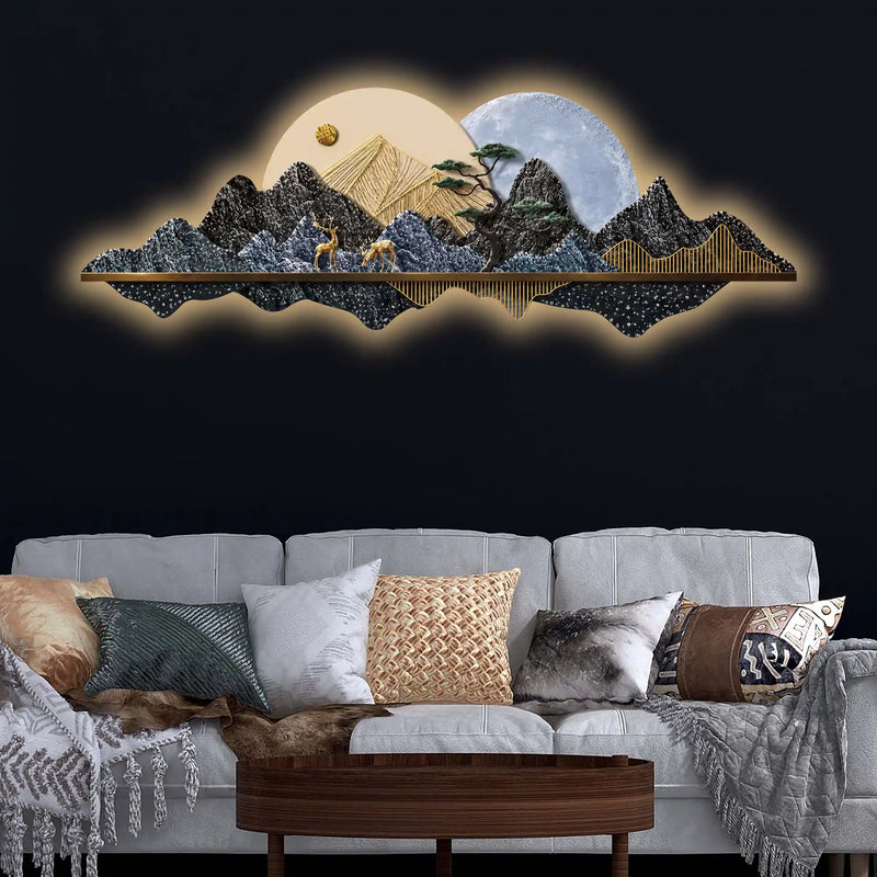 Golden Mountain Moon Reflection Premium Crystal Glass Backlit LED Wall Art