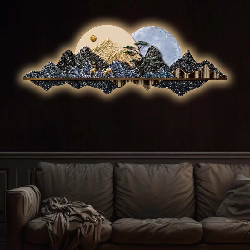 Golden Mountain Moon Reflection Premium Crystal Glass Backlit LED Wall Art