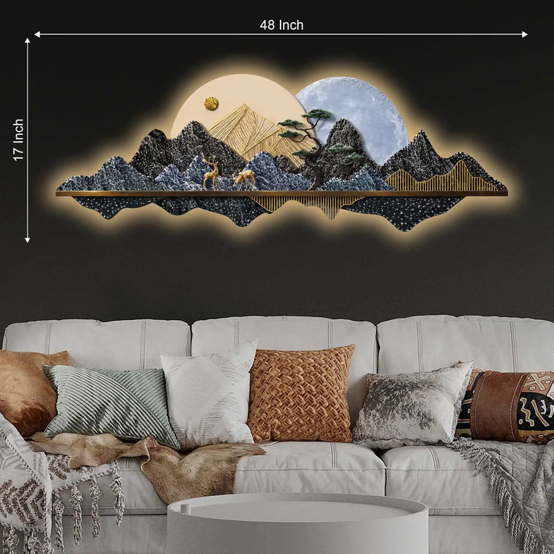 Golden Mountain Moon Reflection Premium Crystal Glass Backlit LED Wall Art