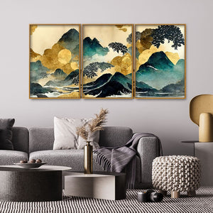 Golden Mountain Scenery of Mount Fuji Premium Floating Canvas Wall Painting Set of Three