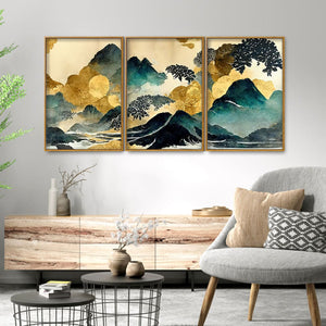 Golden Mountain Scenery of Mount Fuji Premium Floating Canvas Wall Painting Set of Three