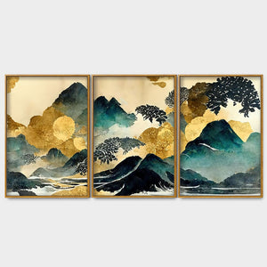 Golden Mountain Scenery of Mount Fuji Premium Floating Canvas Wall Painting Set of Three