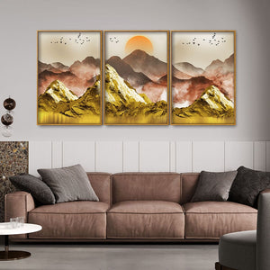 Golden Mountains and Birds Scenery Floating Canvas Wall Painting Set of Three