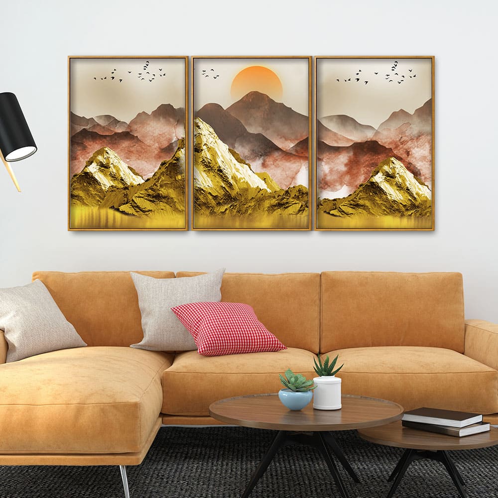 Golden Mountains and Birds Scenery Floating Canvas Wall Painting Set of Three