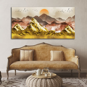 Golden Mountains and Birds Scenery Premium Canvas Wall Painting