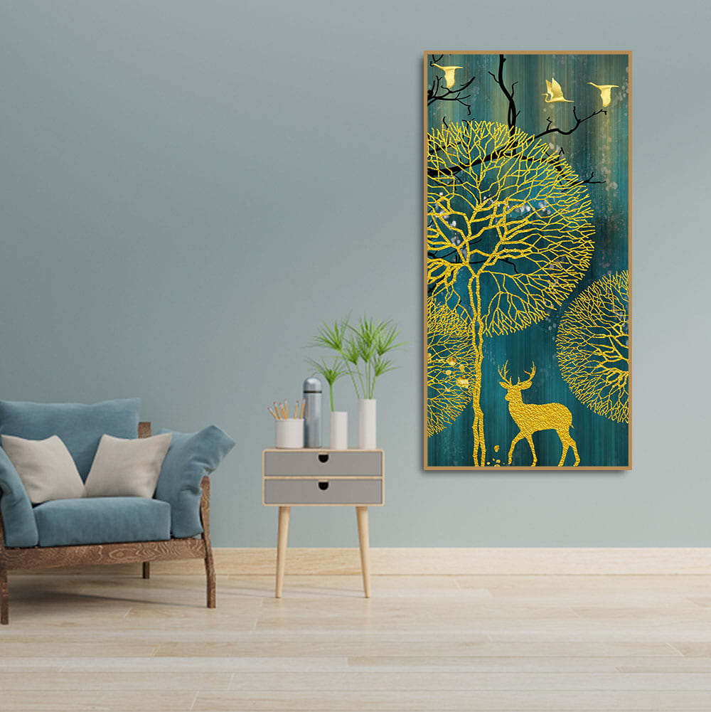 Golden Nightscape with Deer and Golden birds Canvas Wall Painting