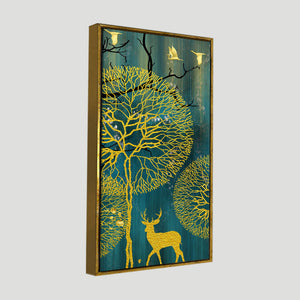 Golden Nightscape with Deer and Golden birds Canvas Wall Painting