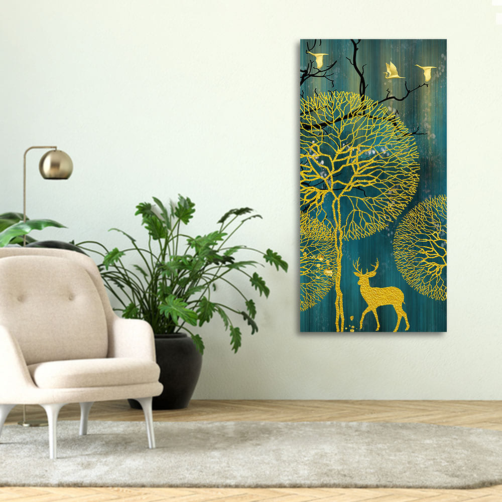 Golden Nightscape with Deer and Golden birds Canvas Wall Painting