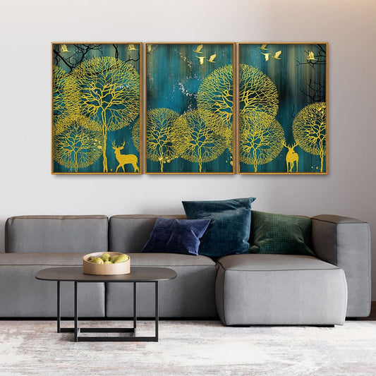 Golden Nightscape with Deer and Golden birds Floating Canvas Wall Painting Set of Three