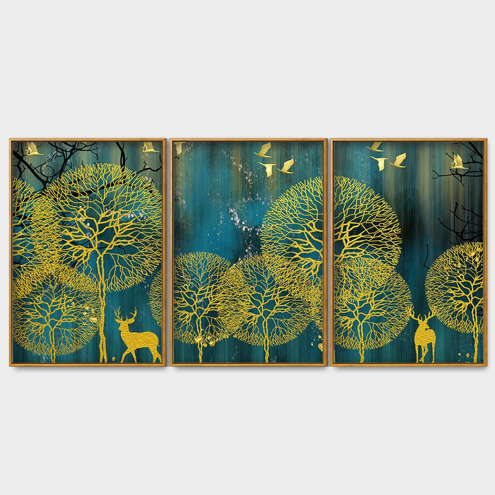 Golden Nightscape with Deer and Golden birds Floating Canvas Wall Painting Set of Three