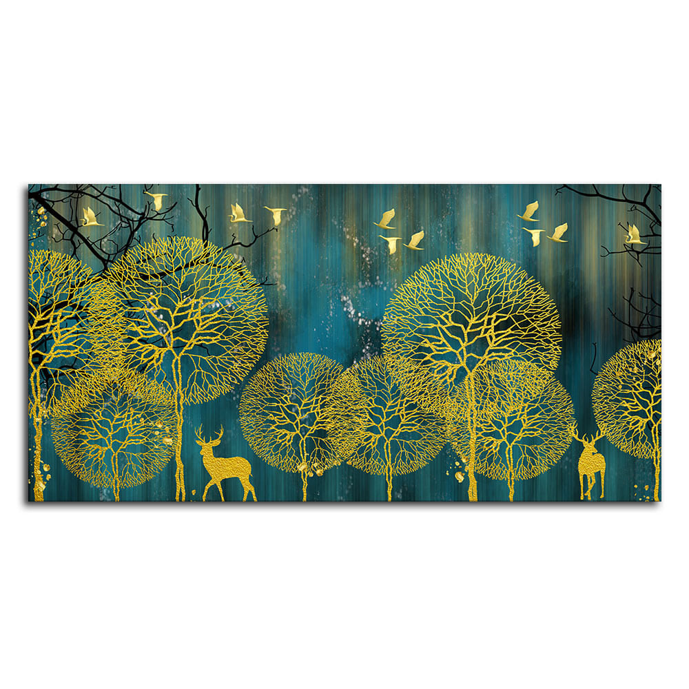 Golden Nightscape with Deers and Golden birds Canvas Wall Painting