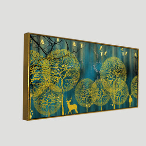 Golden Nightscape with Deers and Golden birds Canvas Wall Painting