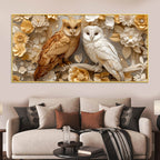 Golden Owl & Snowy Owl Floral Elegance 3D Canvas Wall Painting