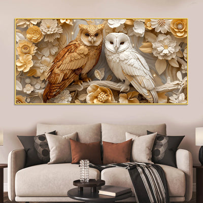 Golden Owl & Snowy Owl Floral Elegance 3D Canvas Wall Painting