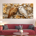Golden Owl & Snowy Owl Floral Elegance 3D Canvas Wall Painting
