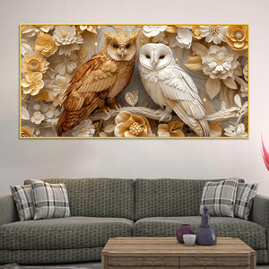 Golden Owl & Snowy Owl Floral Elegance 3D Canvas Wall Painting