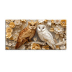 Golden Owl & Snowy Owl Floral Elegance 3D Canvas Wall Painting
