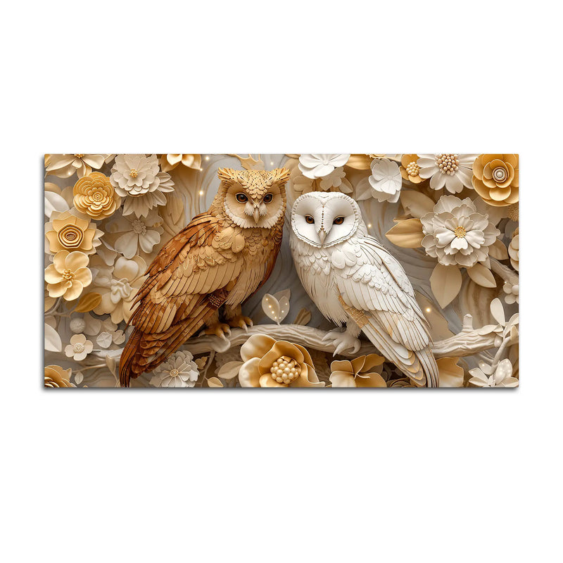 Golden Owl & Snowy Owl Floral Elegance 3D Canvas Wall Painting