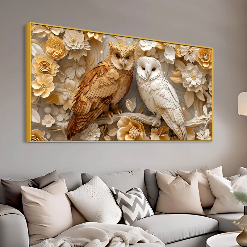 Golden Owl & Snowy Owl Floral Elegance 3D Canvas Wall Painting