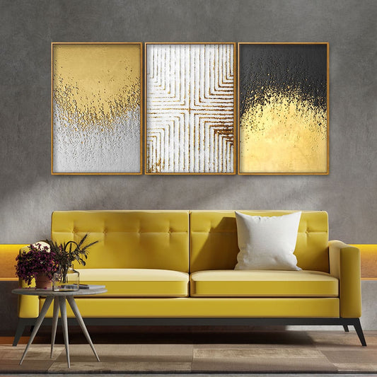 Golden Paint Texture Floating Canvas Wall Painting Set of Three