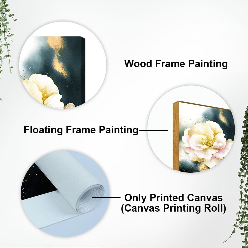 Golden Particles with White Flower Premium Canvas Wall Painting