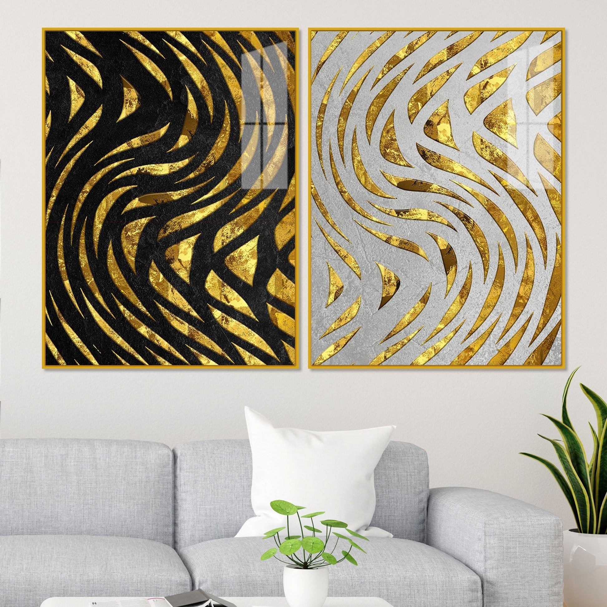 Golden Patterns Acrylic Floating Wall Painting Set of 2