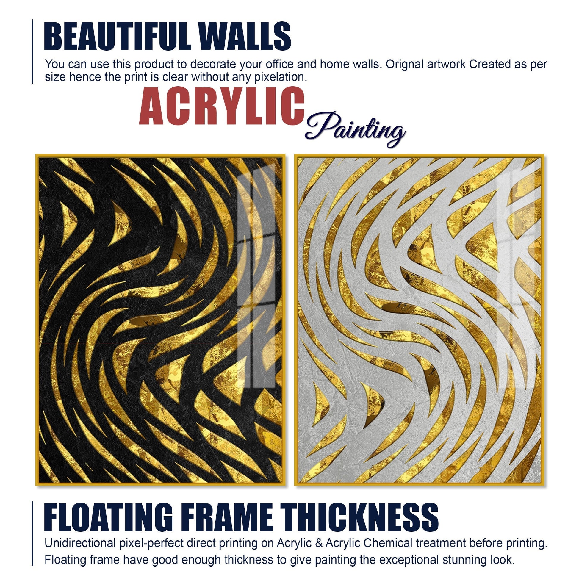 Golden Patterns Acrylic Floating Wall Painting Set of 2