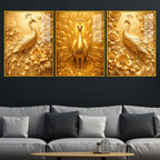 Golden Peacock Floral Floating Acrylic Wall Painting Set of 3