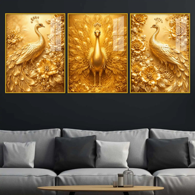 Golden Peacock Floral Floating Acrylic Wall Painting Set of 3