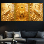 Golden Peacock Floral Floating Acrylic Wall Painting Set of 3