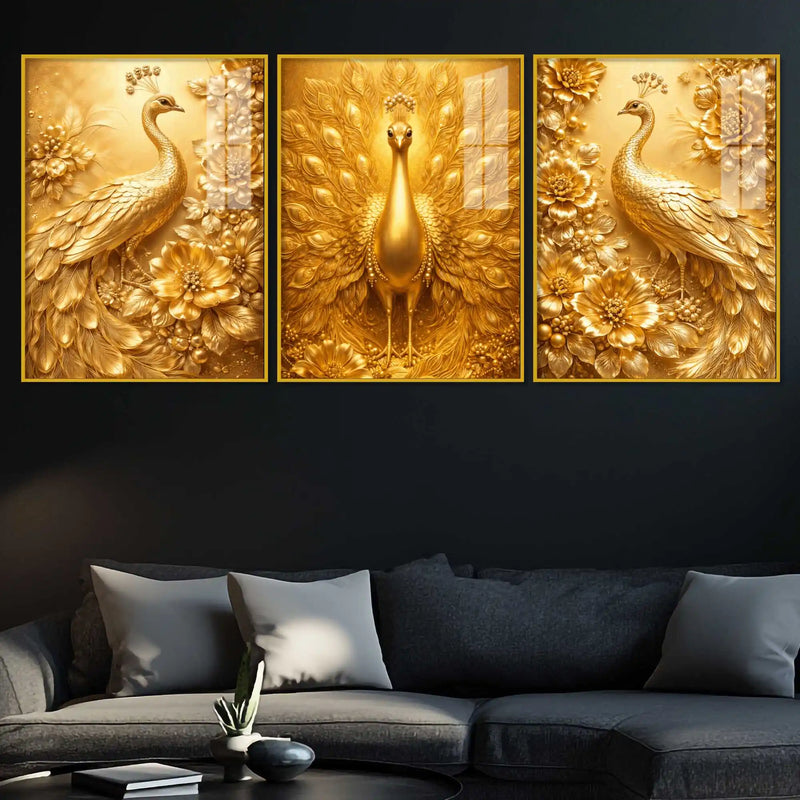 Golden Peacock Floral Floating Acrylic Wall Painting Set of 3