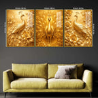 Golden Peacock Floral Floating Acrylic Wall Painting Set of 3