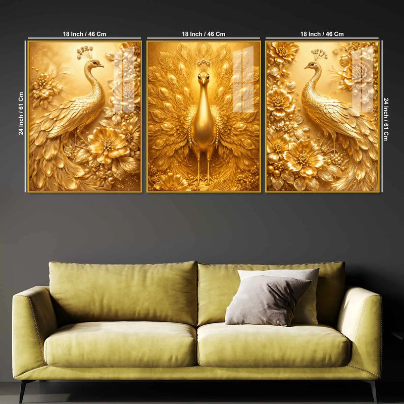 Golden Peacock Floral Floating Acrylic Wall Painting Set of 3