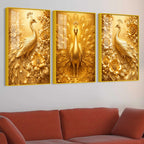 Golden Peacock Floral Floating Acrylic Wall Painting Set of 3