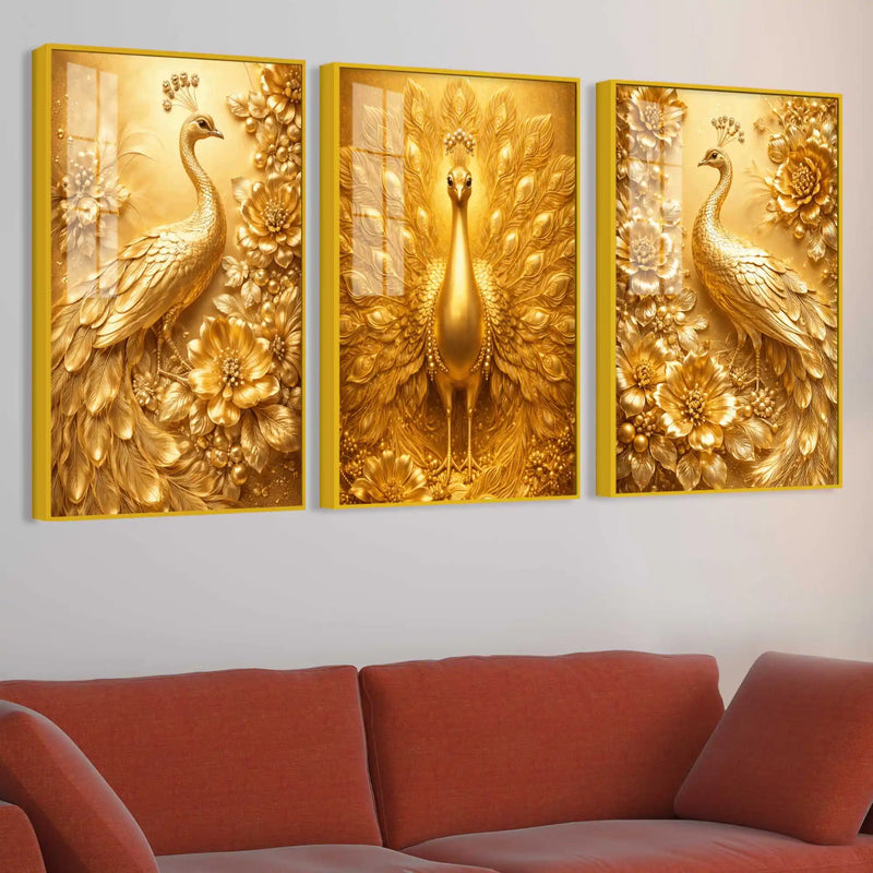 Golden Peacock Floral Floating Acrylic Wall Painting Set of 3