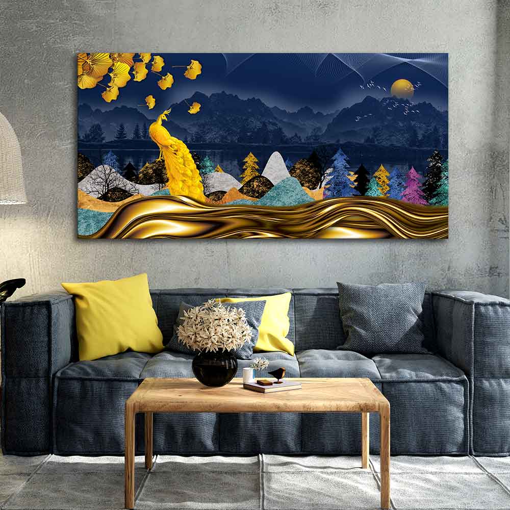 Golden Peacock in Dark Forest Premium Wall Painting