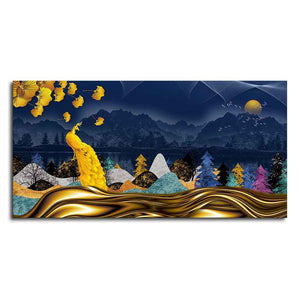 Golden Peacock in Dark Forest Premium Wall Painting