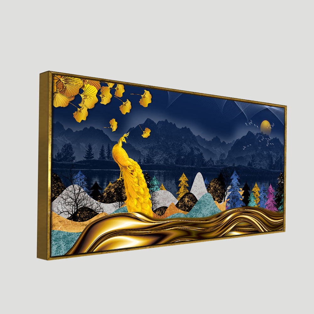 Golden Peacock in Dark Forest Premium Wall Painting