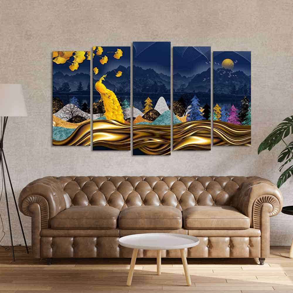 Golden Peacock in Dark Forest Premium Wall Painting Set of 5 Pieces