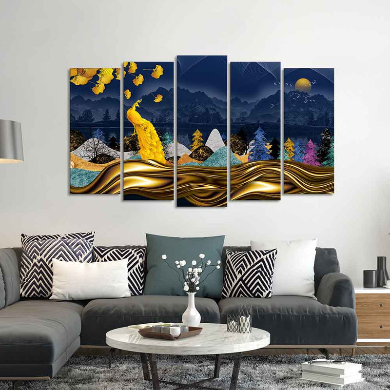 Golden Peacock in Dark Forest Premium Wall Painting Set of 5 Pieces