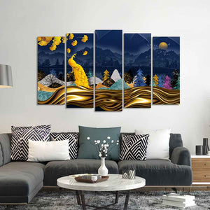 Golden Peacock in Dark Forest Premium Wall Painting Set of 5 Pieces