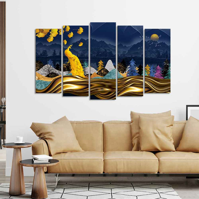 Golden Peacock in Dark Forest Premium Wall Painting Set of 5 Pieces